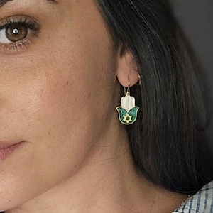 Hamsa earrings with star of david , gold Jewish good luck earrings, resin evil eye protection jewelry
