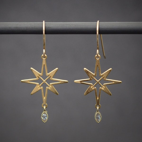 North Star earrings, gold celestial dangle earrings with zircon