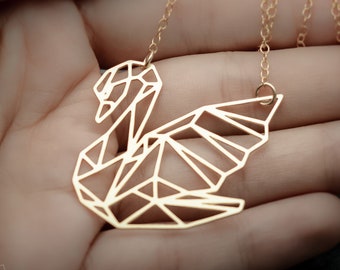 Swan necklace gold geometric origami swan pendant