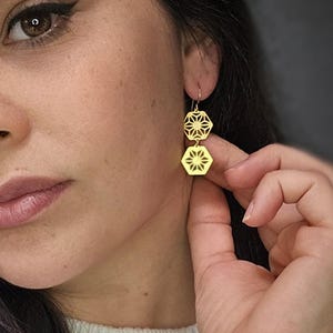 Hexagon earrings , gold geometric dangle earrings