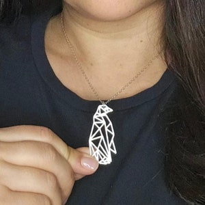Penguin necklace,  silver geometric origami penguin pendant.