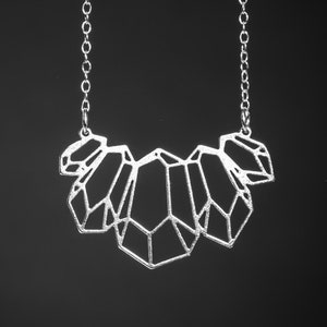Geometric statement necklace, silver long woman necklace