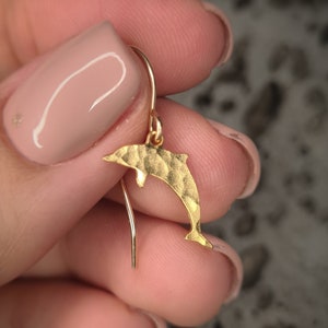 Dolphin earrings, gold tiny dolphin dangle earrings