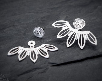 Floral ear jacket earrings, leaf botanical silver earrings