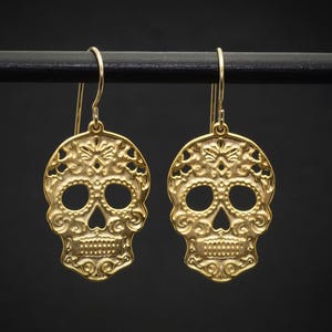 Gold Sugar Skull Earrings, Mexican Skull Dangle Halloween Earrings