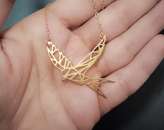 Sparrow necklace, gold geometric swallow jewelry.