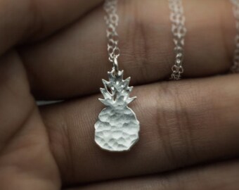 Pineapple necklace, silver dainty hammered or smooth pineapple charm