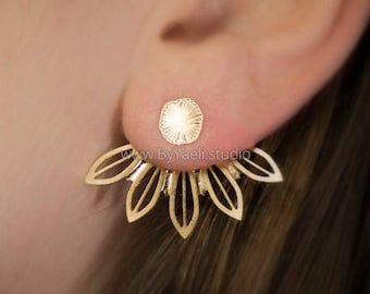 Ear jacket, flower earrings botanical gold floral leaf earring jackets