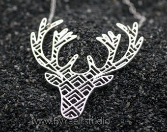 Deer necklace geometric deer antler necklace silver deer pendant