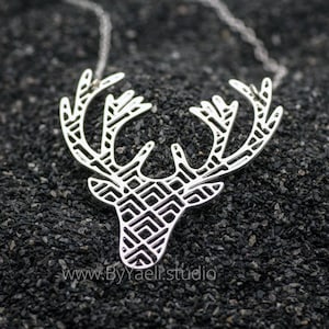 Deer necklace geometric deer antler necklace silver deer pendant