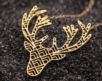 Deer necklace, gold deer head necklace, animal necklace