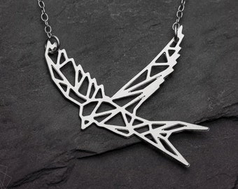 Spatz Halskette geometrische Schwalbe Halskette Silber Origami Vogel Halskette