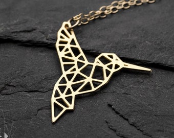 Bird necklace geometric gold hummingbird necklace bird jewelry origami pendant