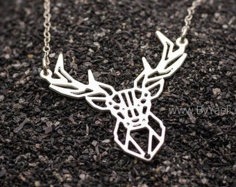 Deer necklace geometric origami deer jewelry silver deer pendant