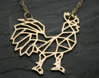 Rooster necklace gold geometric origami rooster pendant farmer gifts