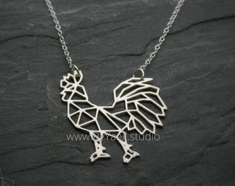 Collier coq en argent avec pendentif coq en origami géométrique