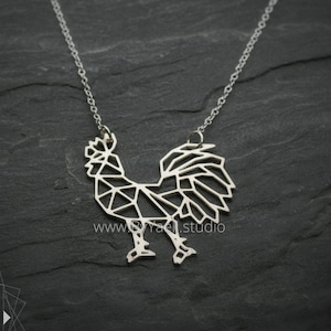 Rooster necklace silver rooster pendant geometric origami rooster