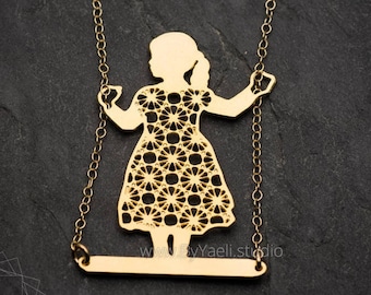 Alice in wonderland necklace girl on swing necklace little girl necklace