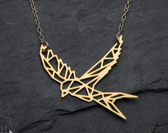 bird necklace geometric origami sparrow necklace gold swallow pendant