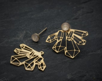 Ear jacket geometric earrings, gold stud earrings.