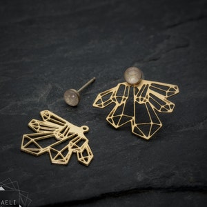 Ear jacket geometric earrings, gold stud earrings.