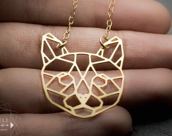 Cat necklace gold cat jewelry geometric origami cat pendant necklace cat lover gift for here