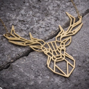 Deer necklace, gold geometric deer head necklace, animal necklace