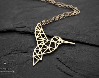 Bird necklace geometric gold hummingbird necklace bird jewelry origami pendant