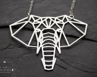 Elefanten-Halskette, geometrischer Elefant, Origami-Halskette, Elefantenanhänger aus Silber