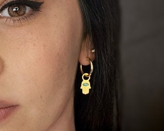 hamsa gold hoops earrings adorned with resin, protection jewelry