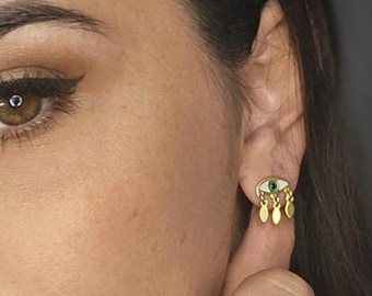 Evil eye stud earrings gold dangle adorned with resin earrings , protection jewelry