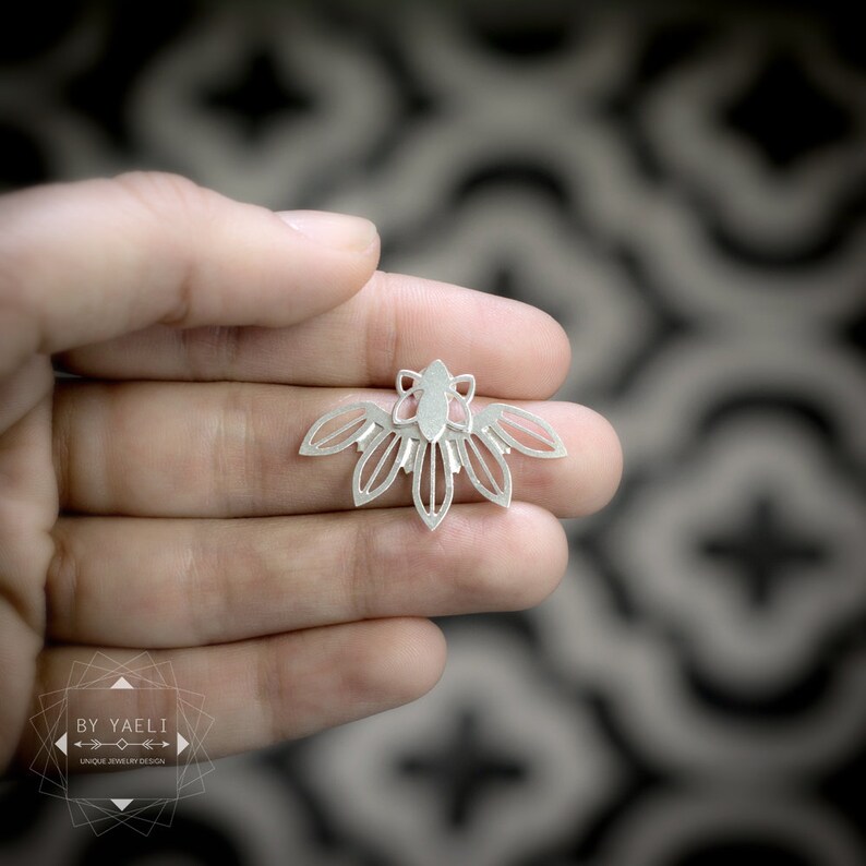 Flower leaf ear jacket botanical silver stud earrings.