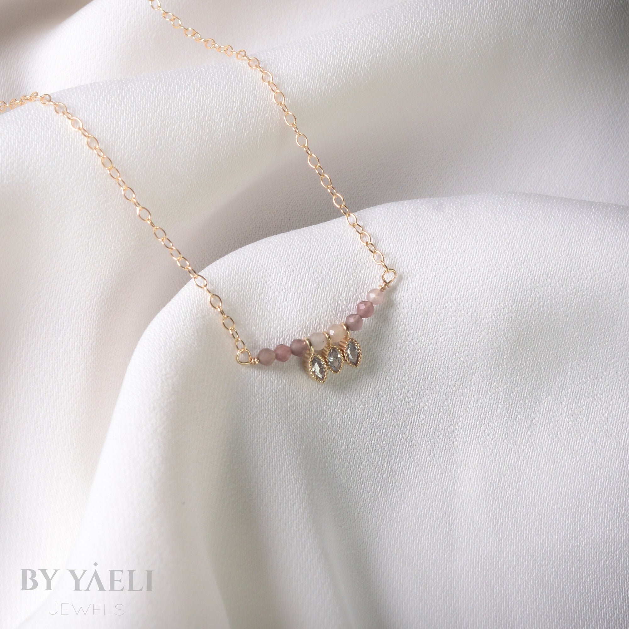 Dainty Pink Tourmaline Pendant Beaded Necklace Sterling Silver October Birthday Jewelry Gift for her