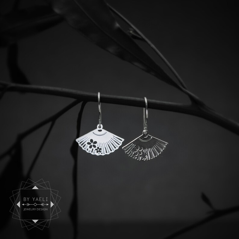 silver fan drop earrings. Japanese fan dangle earrings