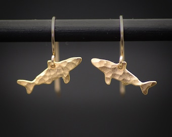 Shark earrings, tiny gold shark dangle earrings ocean jewelry