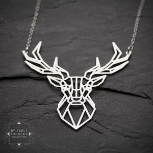 Deer necklace silver deer pendant origami deer antler necklace geometric deer jewelry