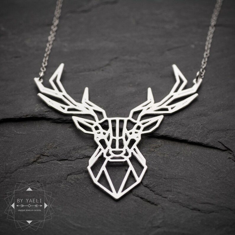 Deer Necklace Silver Deer Pendant Origami Deer Antler Necklace Etsy UK