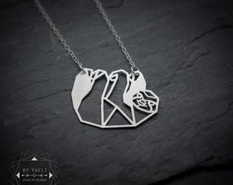 Sloth necklace, wildlife jewelry, silver geometric animal lovers gift