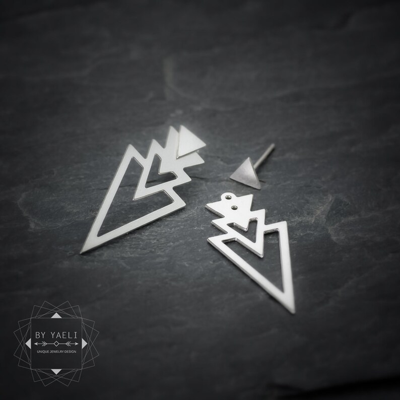 Triangle Earrings Ear Jacket Geometric Silver Triangle Stud Etsy