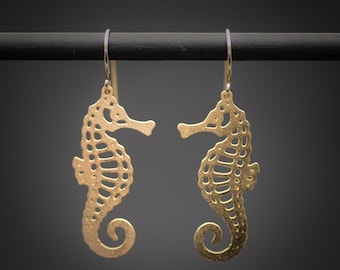 Seahorse earrings, gold seahorse dangle earrings ocean jewelry