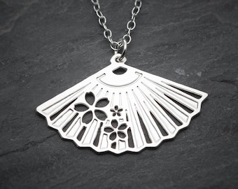 Fan necklace fan charm Japanese fan necklace silver fan pendant