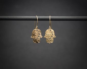 Hamsa earrings, gold Hamsa hand with mandala dangle earrings protection jewelry