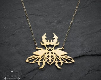 Beetle necklace, gold bug jewelry.