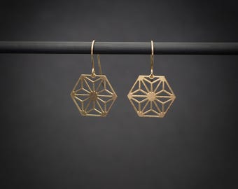 Hexagon earrings , gold geometric dangle earrings hexagon drop earrings