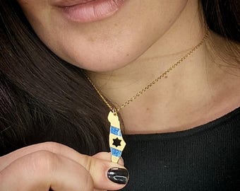 Israel map necklace, gold and blue enamel Jewish jewelry, support Israel.