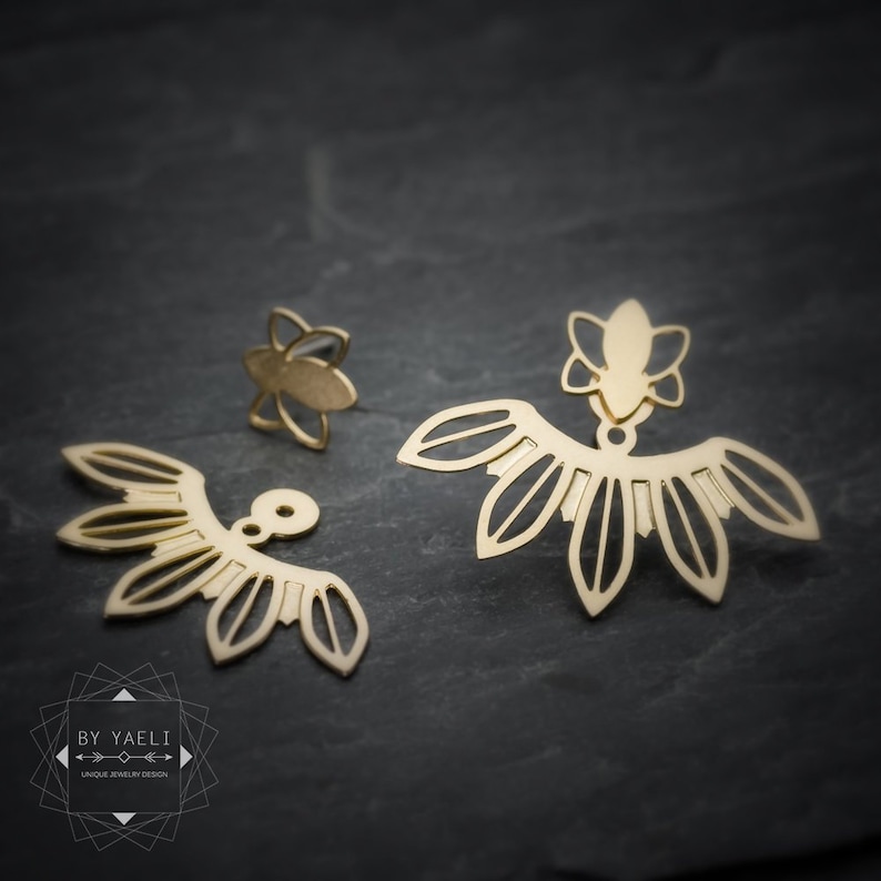 Flower leaf ear jacket botanical silver stud earrings.