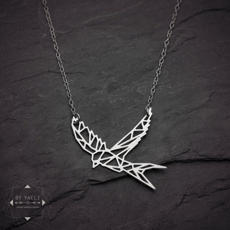 Sparrow necklace geometric swallow necklace silver origami bird necklace image 1