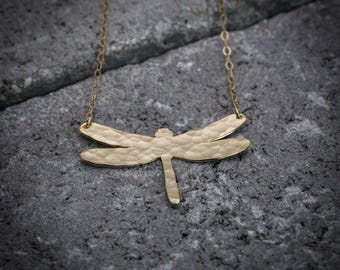 Dragonfly necklace, gold hammered insect jewelry.