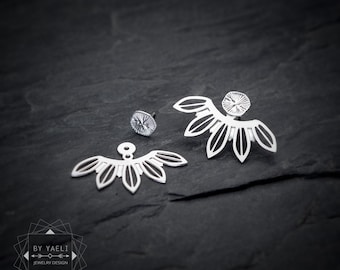 Floral ear jacket earrings, leaf botanical silver earrings