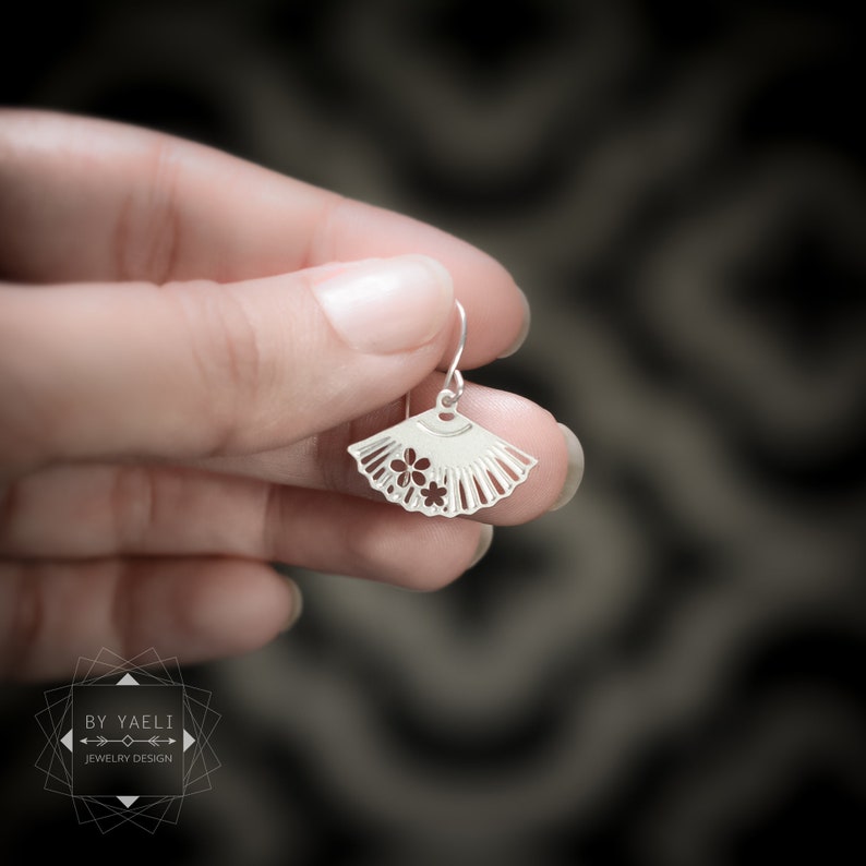 silver fan drop earrings. Japanese fan dangle earrings
